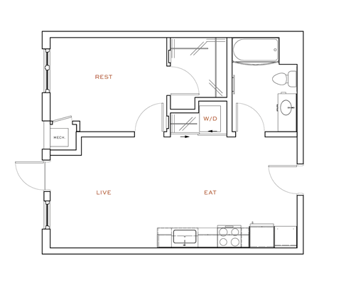Floor plan for 1 bed, 1 bath, 586 sqft